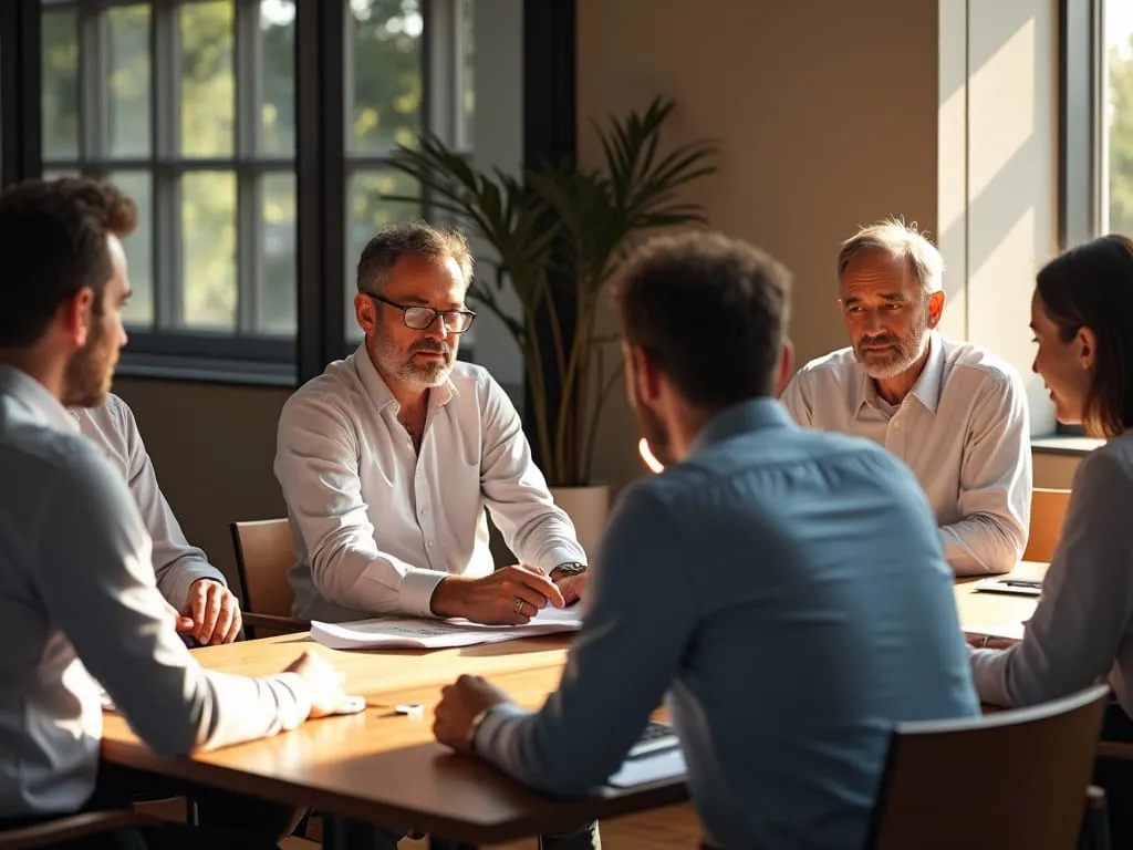 Business meeting with financial advisers and company stakeholders discussing EOT transition models